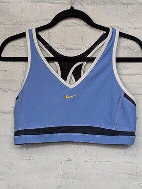 Vtg Nike Swoosh V-Neck Sports Bra Blue White Racerback M Support Lrg 12-14